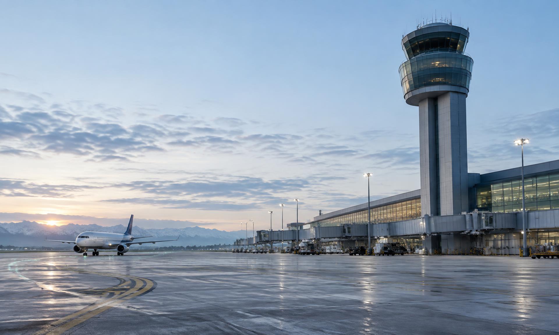 Airport control tower and aircraft at sunrise